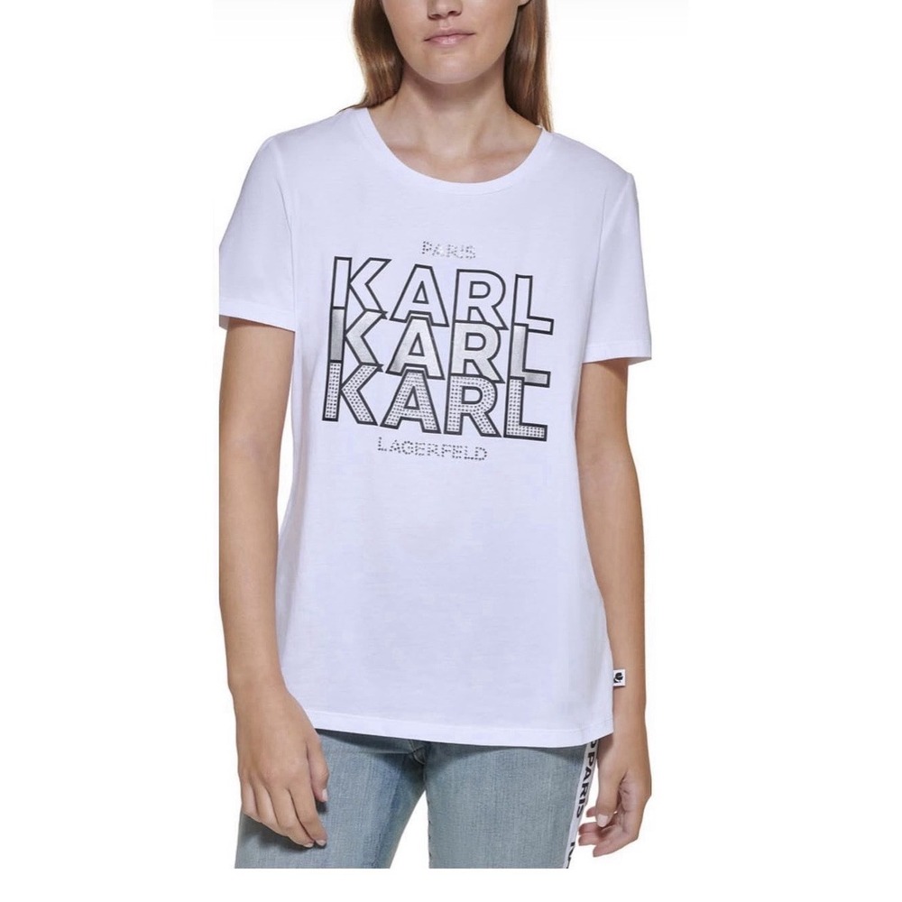 Karl Lagerfeld Women's M Paris Rhinestone Logo Tee‎ White T-Shirt Minimalist